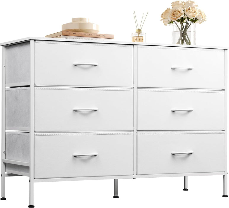 Wide Dresser with 6 Fabric Drawers, TV Stand for 50" TV, Closet Dresser with Metal Frame, Wooden Top, Fabric Dressers for Bedroom, Closet, Hallway, Living Room, Entryway, White