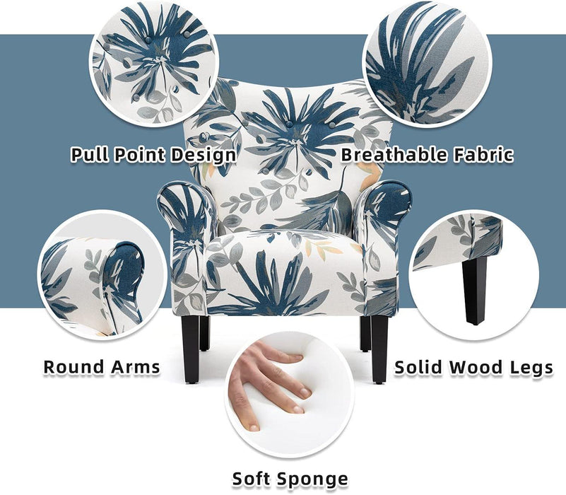 Modern Accent Chair,High Back Armchair,Upholstered Fabric Button Single Sofa with Wooden Legs for Living Room,Bedroom,Blue Leaves