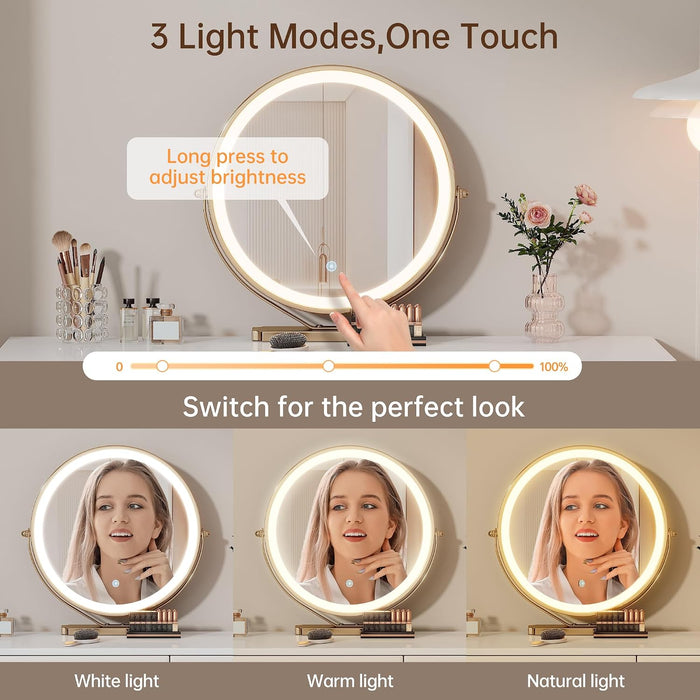 Vanity Desk with Mirror and Lights| 39" Beige Modern Makeup Vanity Set with Drawers & Adjustable Chair| White and Gold Dressing Table for Small Spaces & Bedroom