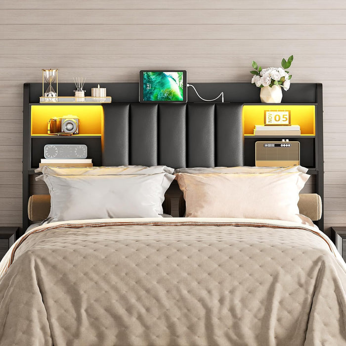 Upholstered Headboard Queen Size with Storage, Headboard with Charging Station and LED Light Strip, Padded Backrest and Open Storage Shelf, Metal Frame Adapter, for Queen Bed Frames, Black