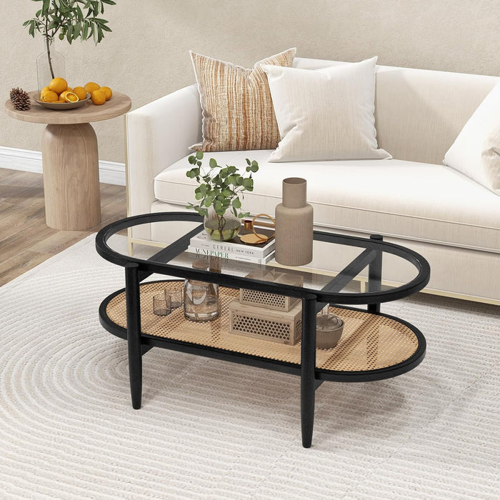 Rattan Coffee Table, 40”L Boho Oval Acacia Wood Cocktail Table with Tempered Glass Tabletop & PE Rattan Storage Shelf, 2-Tier Tea Center Table for Living Room Office Reception (Boho, Black)