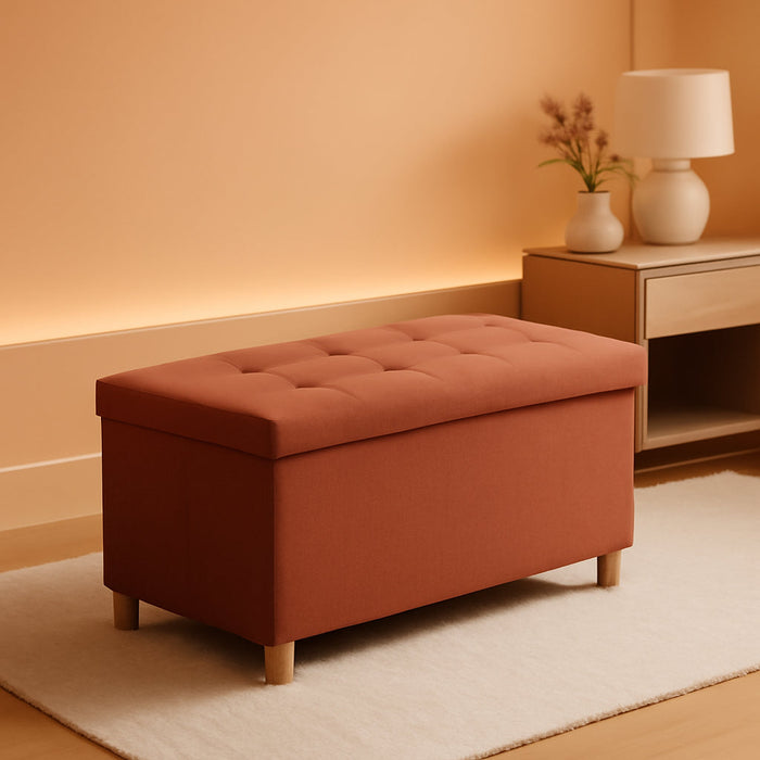 30 Inches Folding Storage Ottoman Bench, Ottoman with Storage Bench for Bedroom, Living Room, Entryway, Foot Rest with Legs, Orange