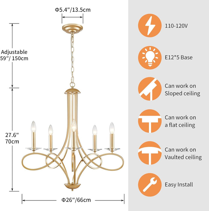 Gold Five Light Chandelier Fixture Crystal Accents