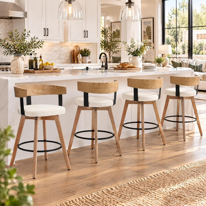 Swivel Bar Stools Set of 4-26" Counter Height Bar Stool with Footrest - Modern Wood Barstools with Linen Upholstered Seat - 360-Degree Swivel Stool for Kitchen Island Home Bar - White