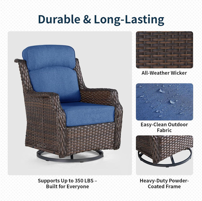 Patio Swivel Rocker Outdoor Chairs of 2 with Side Table, High Back and 6-Inch Thick Cushions, Wicker Swivel Glider Chairs for Porch, Deck, Poolside, Brown/Blue
