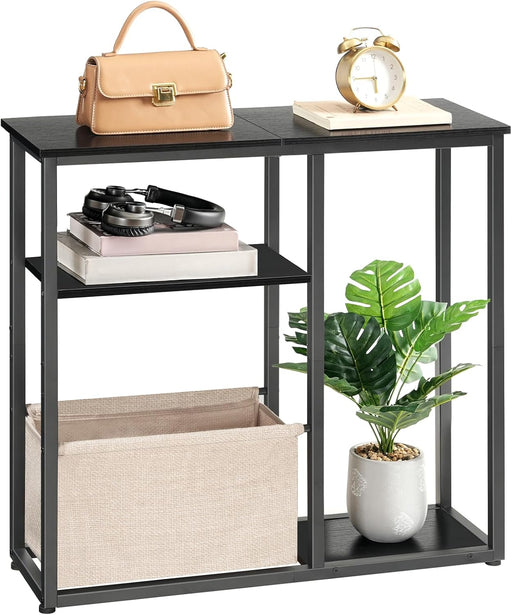 Narrow Console Table with Storage Basket, 29.5" Small Entryway Table with 3-Tier Storage Shelves, behind Couch Sofa Table, Hallway Table for Living Room, Black and Beige BB60XG01