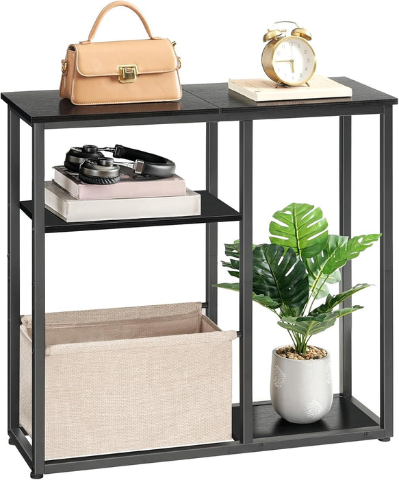 Narrow Console Table with Storage Basket, 29.5" Small Entryway Table with 3-Tier Storage Shelves, behind Couch Sofa Table, Hallway Table for Living Room, Black and Beige BB60XG01