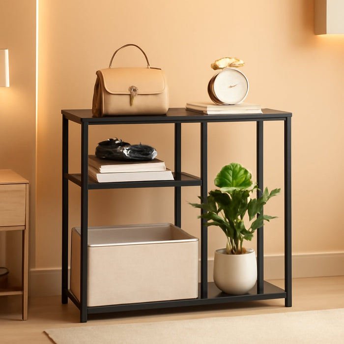 Narrow Console Table with Storage Basket, 29.5" Small Entryway Table with 3-Tier Storage Shelves, behind Couch Sofa Table, Hallway Table for Living Room, Black and Beige BB60XG01