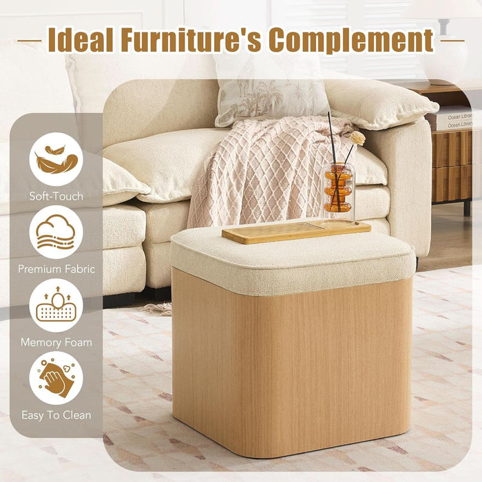 Square Ottoman with Storage, Small Pouf Ottoman Cube Vanity Stool, Upholstered Foot Rest for Reading Room/Lounge, Modern Boho Storage Footstools Coffee Table for Living Room Couch, Beige