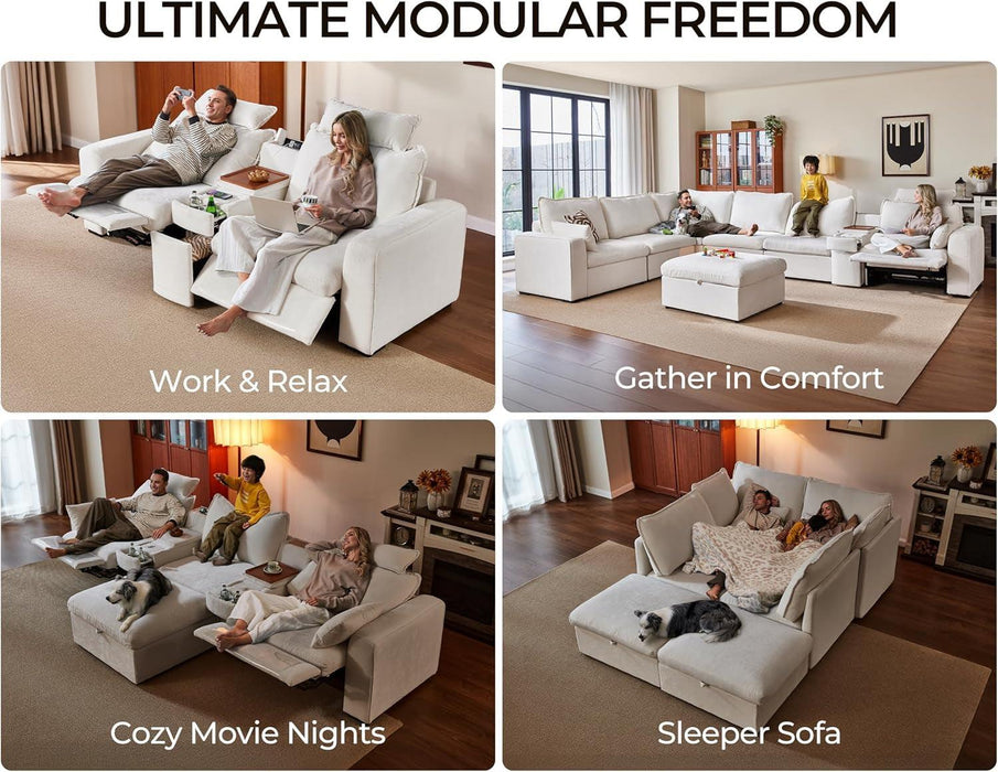102.8'' Loveseat Power Recliner Sofa with Headrest, Oversized Cloud Modular Sectional Couch with Table, Drawer, Charging, 3-Seater with Storage Ottoman for RV Home Theater, Chenille, White
