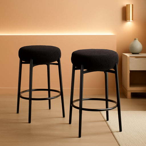 Swivel round Barstools 24" H Set of 2, Teddy Wool Upholstered Barstool, Backless Kitchen Island Stool, Counter Height Stools, Black