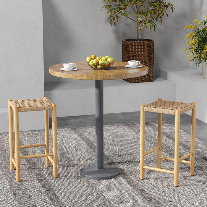 26" Counter Height Wood Bar Stools Set of 2, Boho Rattan Barstools, Max Load 330 Lbs, Armless Saddle Kitchen Stools, Backless Wicker Bar Stools for Kitchen Counter Indoor Outdoor