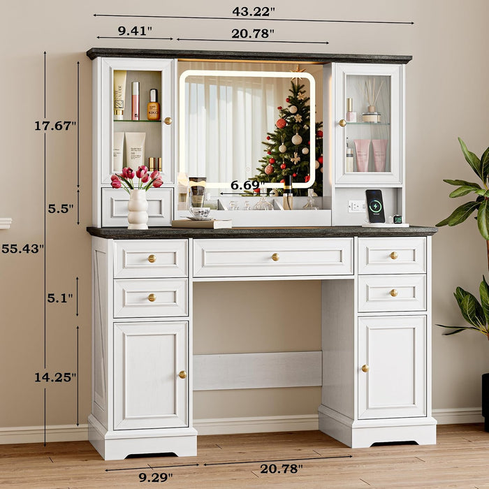 Vanity Desk with Lights, Large LED Mirror with 3 Color Modes, Makeup Vanity with Power Outlet & USB Ports, 6 Drawers & 2 RGB Glass Cabinets, Farmhouse Dressing Table for Women & Girls (White)