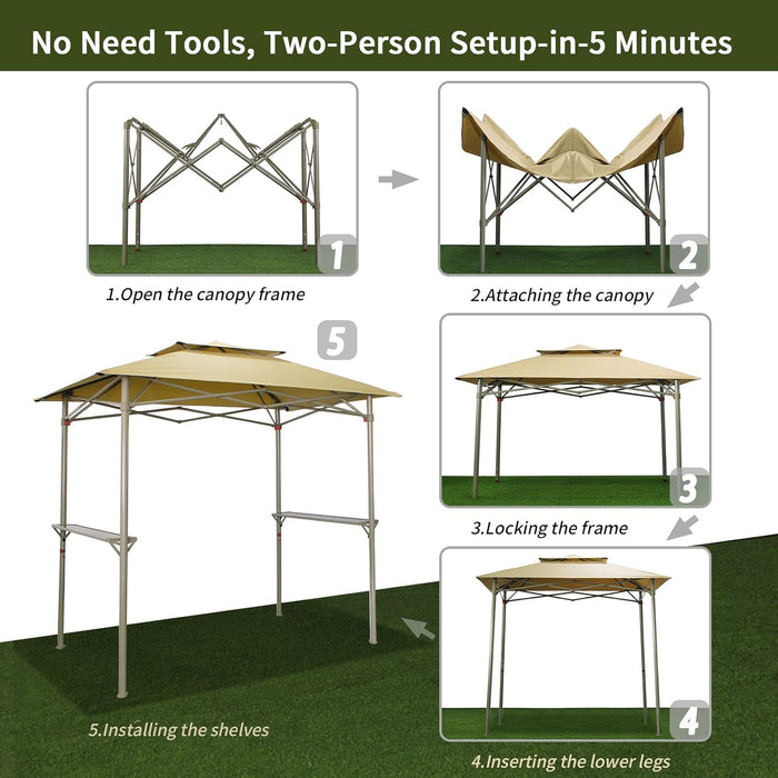 8X5 Grill Gazebo - Pop up Canopy for BBQ and Backyard Patio - Easy Outdoor Barbecue Shade Cover with Double Tier Vented Top & 2 Side Shelves (Beige)