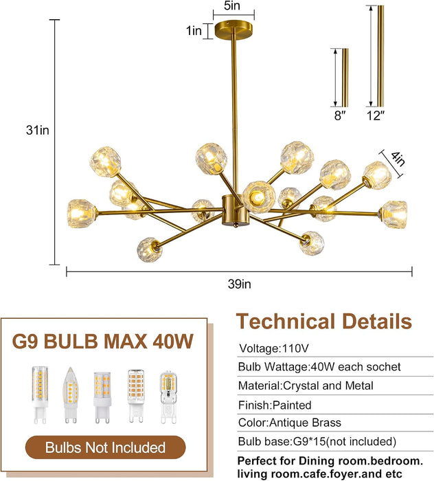 39”Gold Chandeliers for Dining Room 15-Light Sputnik Chandelier