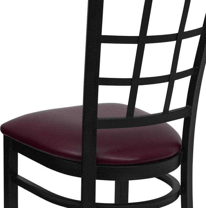 HERCULES Series Black Window Back Metal Restaurant Chair - Burgundy Vinyl Seat