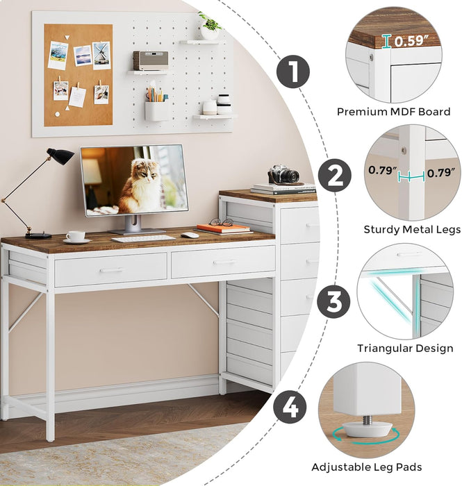 Vanity Desk with 7 Drawers, 55 Inch Makeup Vanity Table with Reversible Drawer for Women, Girls, White and Brown (Without Mirror)