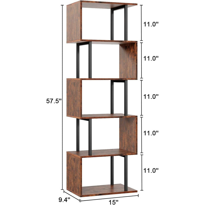 6-Tier Bookshelf, Tall S-Shaped Geometric Bookcase, Industrial Freestanding Display Shelf Unit, Wood and Metal Decorative Room Divider for Living Room Bedroom, Home Office, Rustic Brown