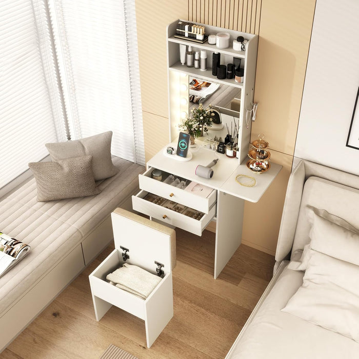 Compact Girls Vanity Desk with LED Mirror, 20-Inch Narrow Tall Makeup Table for Small Bedrooms, Foldable Side Panel, 2 Drawers & Shelves, Charging Station, Storage Stool, White