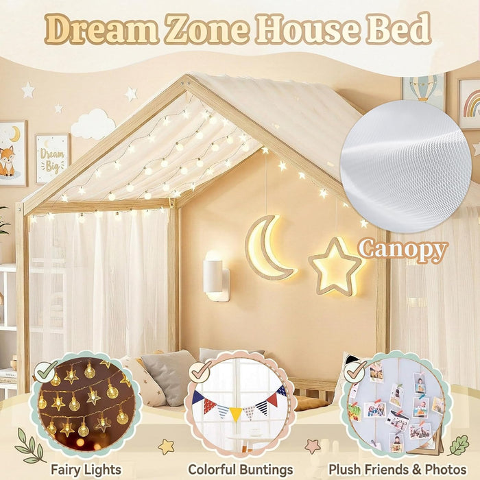 Full Montessori Floor Bed With Canopy NaturalWalnut