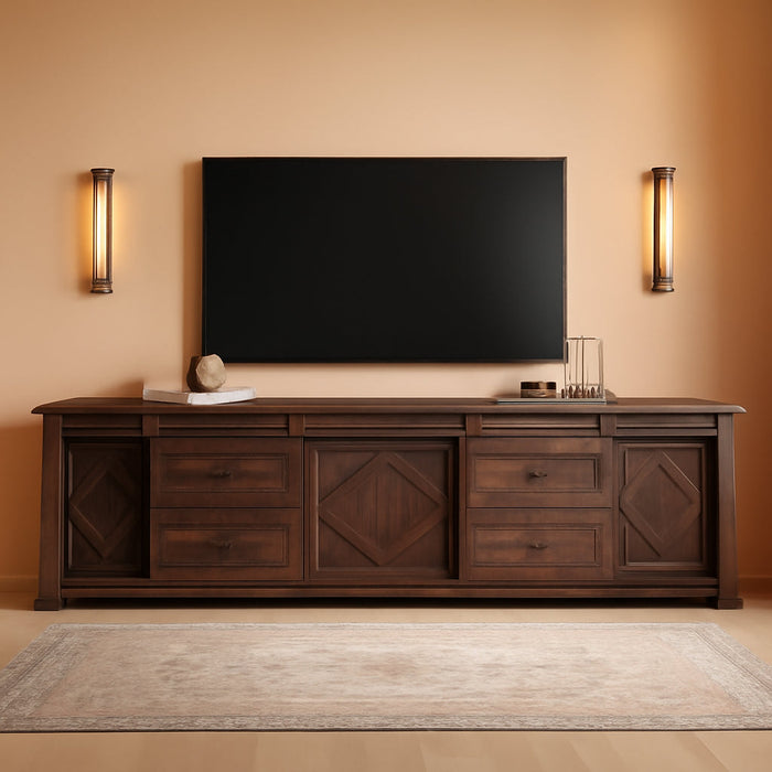 98.4" Wide TV Stand for Tvs up to 110",Faux Bark Finish Wood Entertainment Center with 4 Drawers and Adjustable Shelvs for Living Room,Rustic Brown