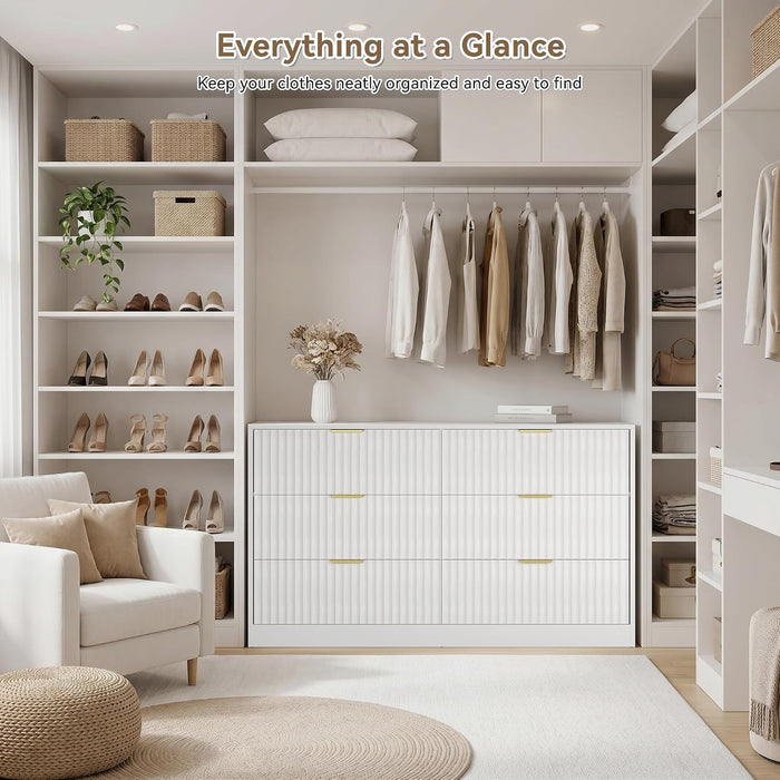 White 6 Drawer Dresser for Bedroom, 55" Wide Fluted Chest of Drawers with Gold Metal Handles, Wood Dresser Storage Organizer Mid Century TV Stand for Living Room Closet Hallway