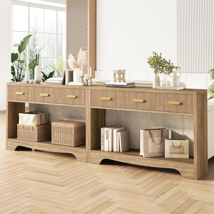 Fluted Console Table with Drawers, 47" Narrow Entryway Table with 3 Drawers and Open Storage Shelf, Long Sofa Tables Modern behind Couch Tables for Living Room, Foyer and Hallway