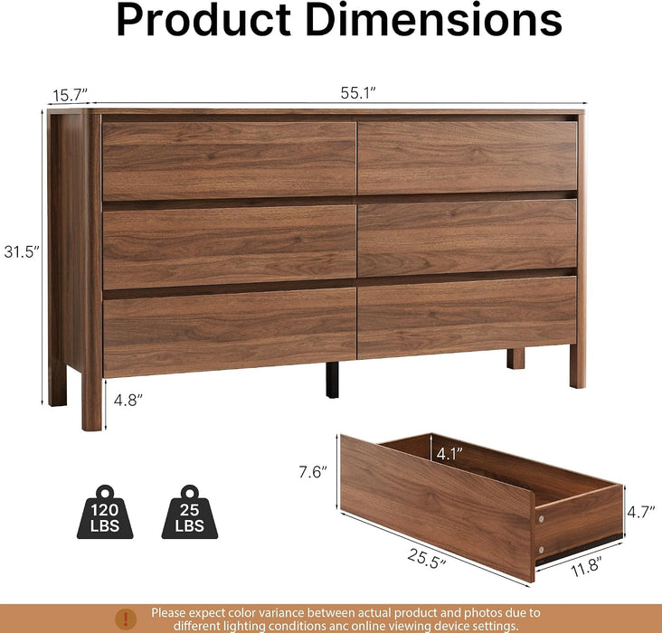 Walnut 6 Drawer Dresser for Bedroom, 55"Wide Modern Wood Dresser