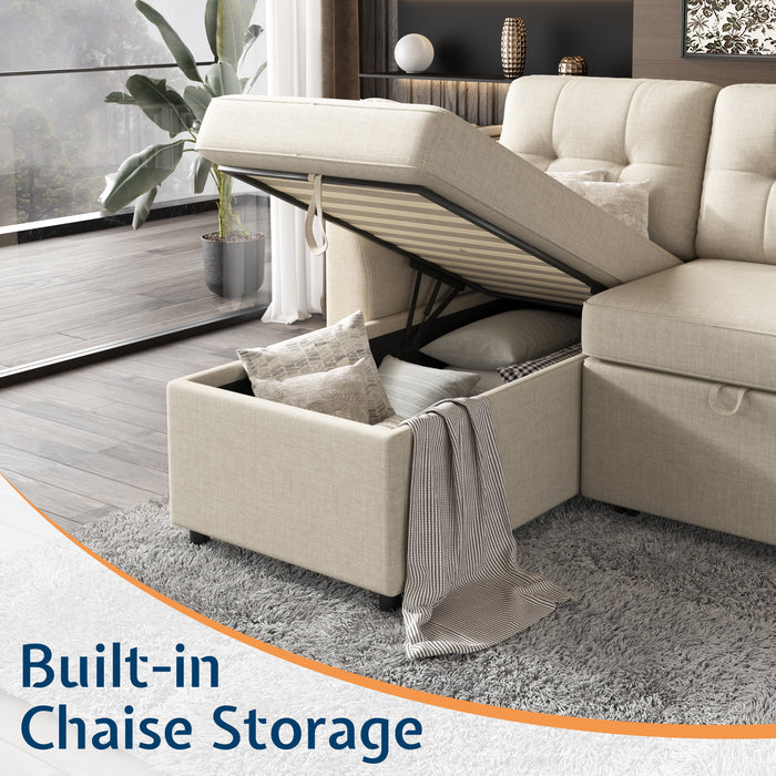 Sectional Sofa with Storage and Soft Seat ,Reversible Pull Out Couch for Living Room,Beige