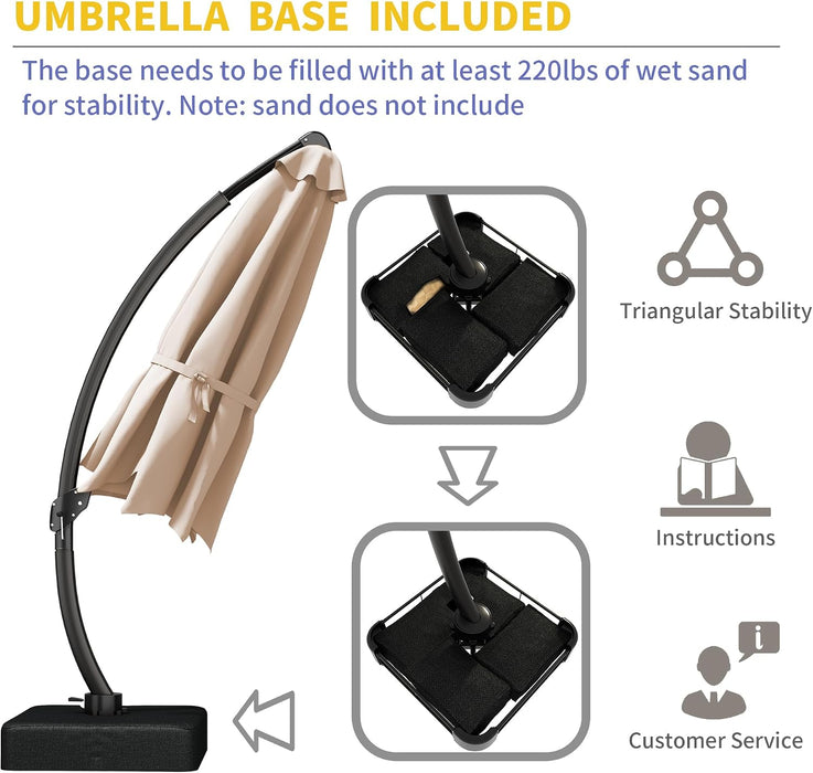 12Ft Offset Cantilever Patio Umbrella with Base Included, Large round Aluminum Outdoor Umbrella, 360° Rotation & Infinite Tilt, Heavy Duty Frame for Deck Pool Backyard, Beige