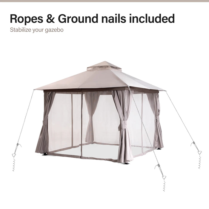 10'X10' Patio Gazebo, Double Roof Outdoor Shelter Tent with Mosquito Nettings and Privacy Screens, Khaki