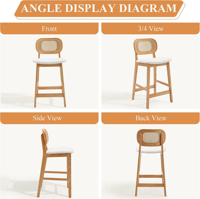 Rattan Bar Stools Set of 3, Upholstered Farmhouse Barstools with Woven Back, Boho Wood Kitchen Island Chairs, Comfy Counter Height Bar Chairs for Pub/Home Bar, Cream Faux Fur