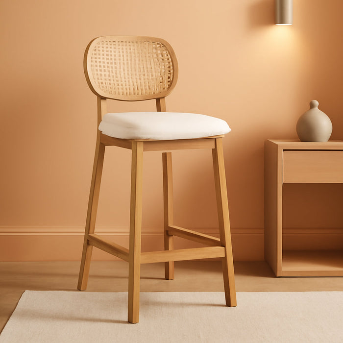 Rattan Bar Stools Set of 3, Upholstered Farmhouse Barstools with Woven Back, Boho Wood Kitchen Island Chairs, Comfy Counter Height Bar Chairs for Pub/Home Bar, Cream Faux Fur