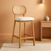 Rattan Bar Stools Set of 3, Upholstered Farmhouse Barstools with Woven Back, Boho Wood Kitchen Island Chairs, Comfy Counter Height Bar Chairs for Pub/Home Bar, Cream Faux Fur