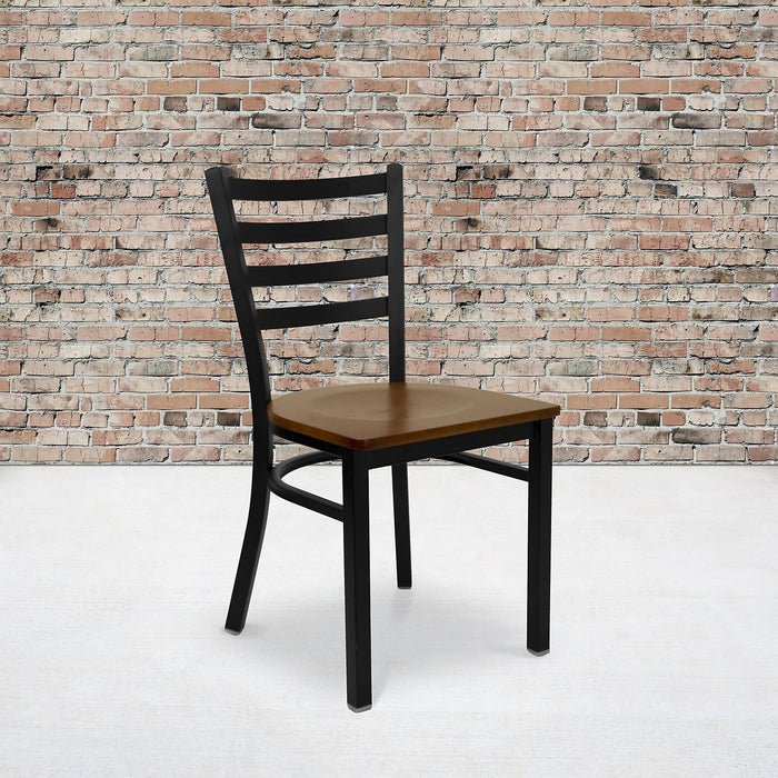 2 Pack HERCULES Series Black Ladder Back Metal Restaurant Chair - Cherry Wood Seat