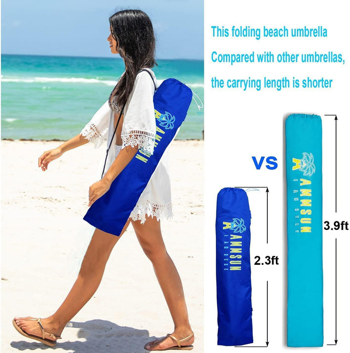 6.5Ft Twice Folded Portable Beach Umbrella with Sand Anchor Windproof, Push Button Tilt and Air Vent UV 50+ Protection Fits in a Large Suitcase for Patio Garden Beach Pool Backyard Blue