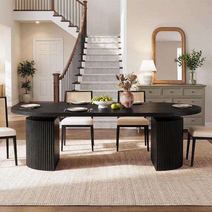 Extendable round Dining Table for 4-8, 39In-77In Long Large Kitchen Table with Fluted Base, Space Saving Modern Farmhouse Oval Dinner Tables for Dining Room, Kitchen, Living Room, Black