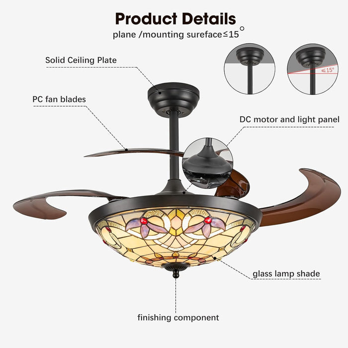 48" Tiffany Retractable Ceiling Fan with Light - (Red Dot, Black)