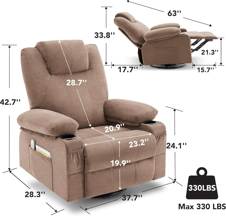 Oversized Swivel Rocker Recliner Chair with Heat and Massage, 360 Degree Swivel Rocking Single Sofa with Cup Holders and USB Port, Big Large Recliner Chair for Living Room (Fabric, Brown)