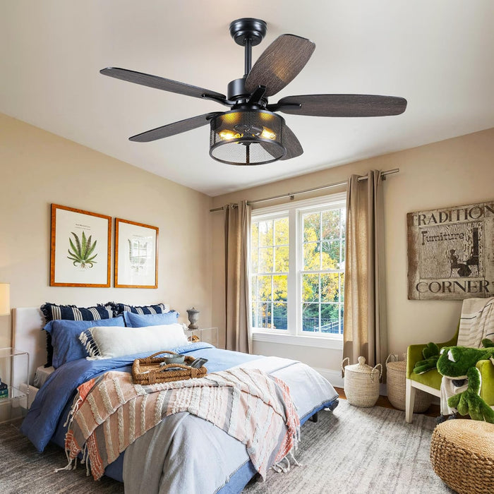48" Black Farmhouse Ceiling Fan with Light and Remote, Industrial Cage Design, Rustic Flush Mount for Bedroom Living Room, E26 Base, DC Motor, 6-Speed Reversible with Timer, Dual Blades