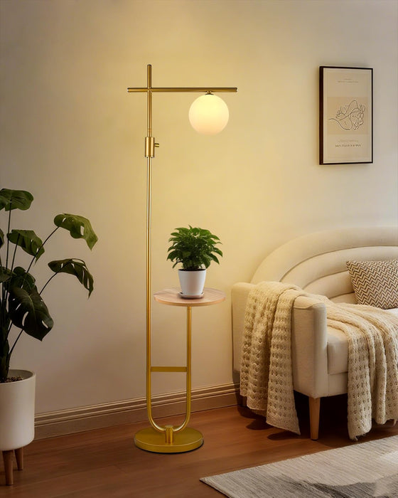 66IN Gold Dimmable Floor Lamps with Storage Table, Modern Standing Tall Lamp with Milky White Globe Lampshade, Cross-Shaped Lamp Head and U-Pole Base Style for Living Room/Bedroom/Office