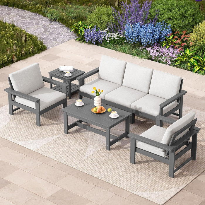 HDPE Outdoor Patio Furniture Set, 7-Piece Outdoor Sectional Patio Conversation Set, All Weather Outdoor Couch Set Patio Sofa Set for Deck, Lawn, Grey Frame with Khaki Cushion