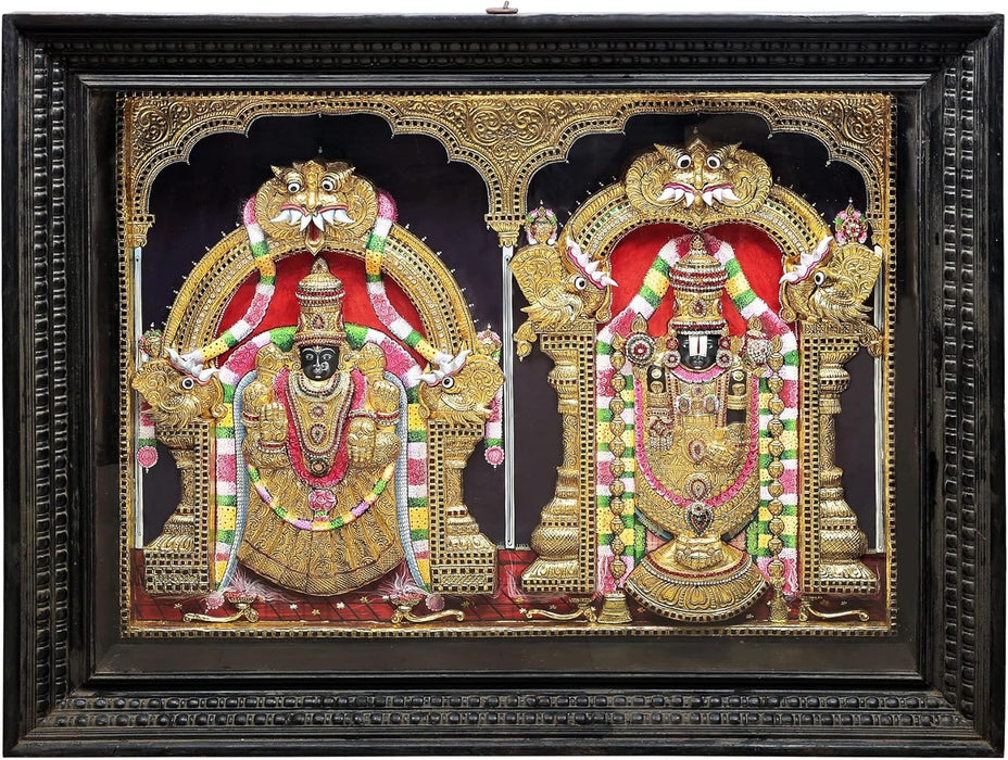 55" X 43" Lord Venkateswara as Balaji at Tirupati with Goddess Lakshmi Tanjore Painting | Traditiona