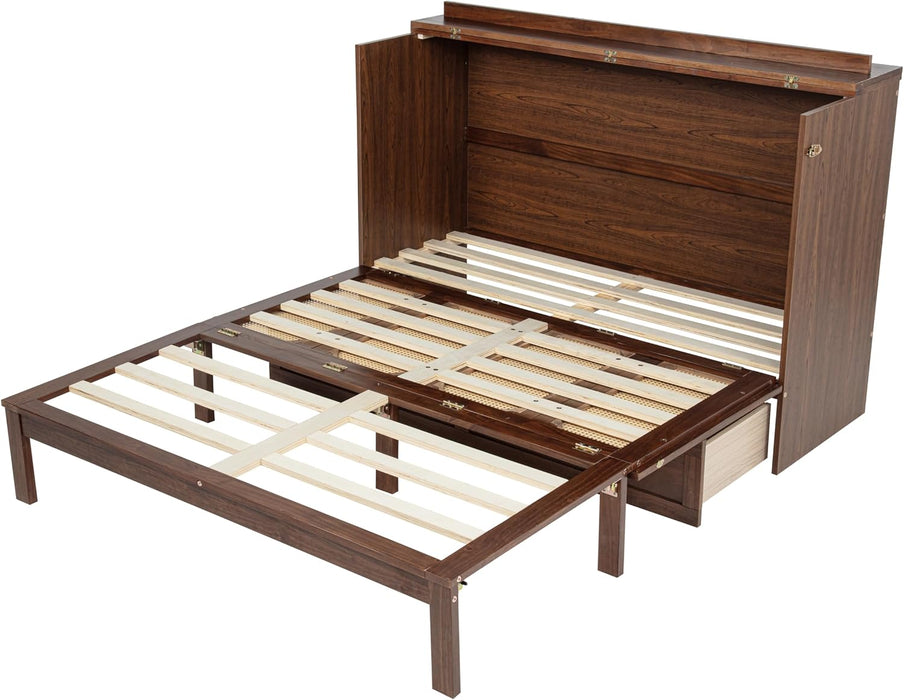 Queen Murphy Bed Chest with Charging Station & Large Drawers, Wooden Cube Cabinet Bed with Foldable Bedframe for Apartment Living Room Bedroom(Mattress Not Included) Walnut