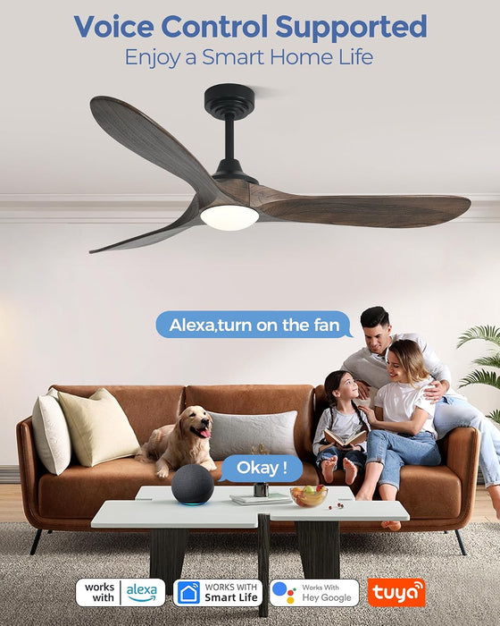 60 Inch Outdoor Ceiling Fans with Lights,Smart Wood Ceiling Fan for Alexa,Google & APP Control,Indoor/Outdoor,3 Blades,3Cct Dimmable,Deep Brown Walnut,Downrod Mount for Patio Porch