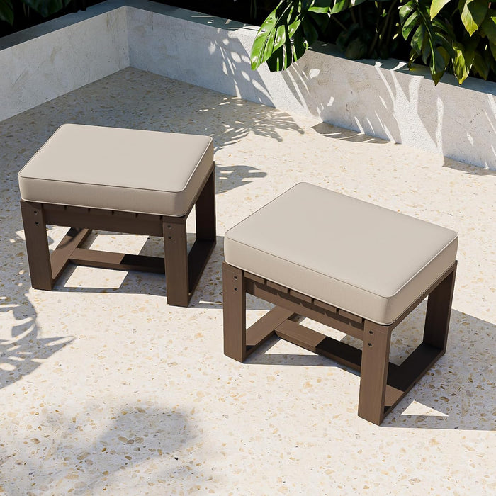 Natural Cedar Outdoor Patio Ottomans with Removable Cushions, Set of 2, Real Wood Footrests for Deck, Porch, Balcony, and Backyard, Brownish/Beige