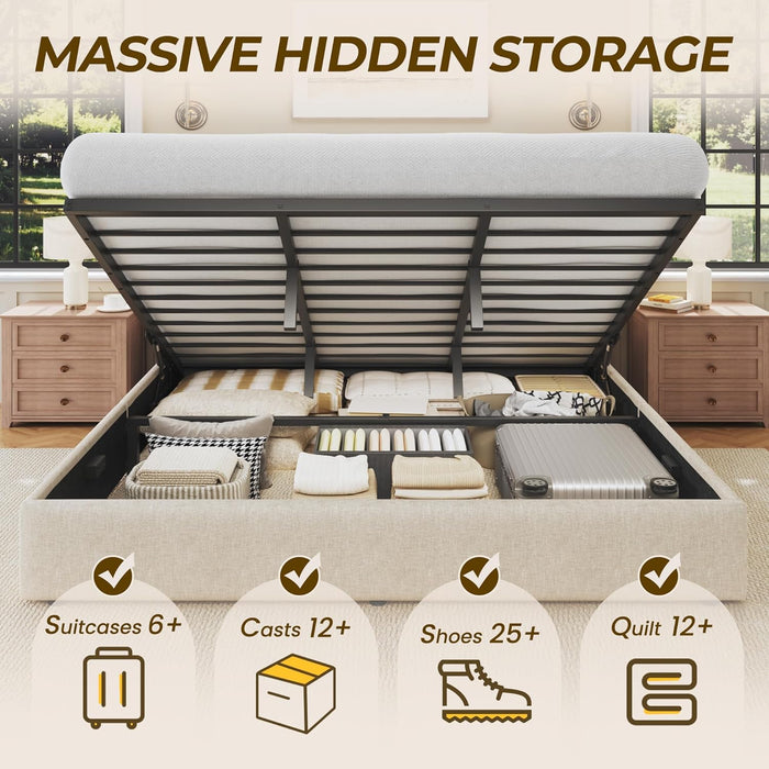 King Size Lift up Storage Bed Frame, Linen Upholstered Platform Bed with Wingback Headboard, Heavy Duty Hydraulic Gas Lift Underbed Space, Reinforced Full Metal Slats, Noise Free, Beige