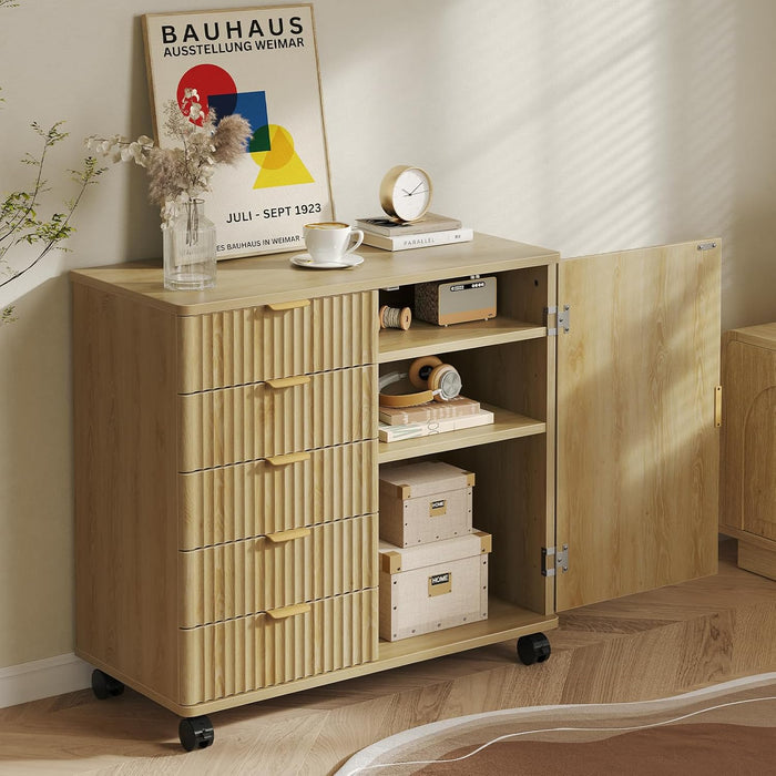 Five Drawer Oakwood Filing Cabinet Locking Casters