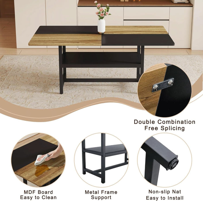 71" Farmhouse Dining Table Set for 6 - Wood Kitchen Table with Storage Shelf and Upholstered Chairs Set,Rectangular Dining Room Tables Set for Kitchen,Industrial Brown & Black Split-Color