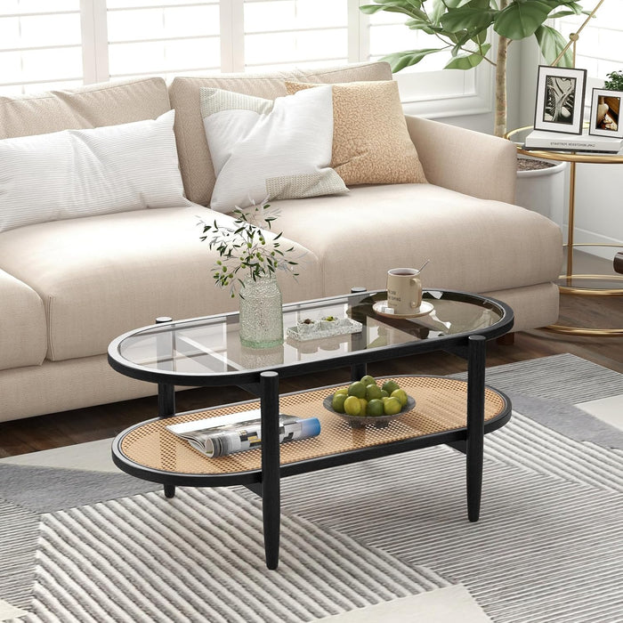 Rattan Coffee Table, 40”L Boho Oval Acacia Wood Cocktail Table with Tempered Glass Tabletop & PE Rattan Storage Shelf, 2-Tier Tea Center Table for Living Room Office Reception (Boho, Black)